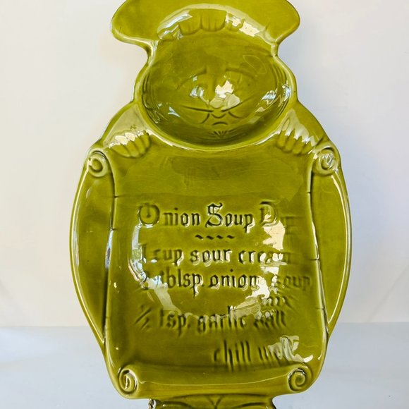 California Pottery Onion Soup Chip Dip Recipe Avocado green Tray Glaze MCM - Picture 2 of 16